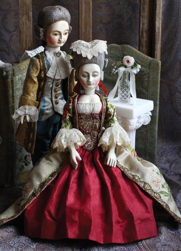 14-inch wooden dolls dressed in French Court style by Mordvinkova.